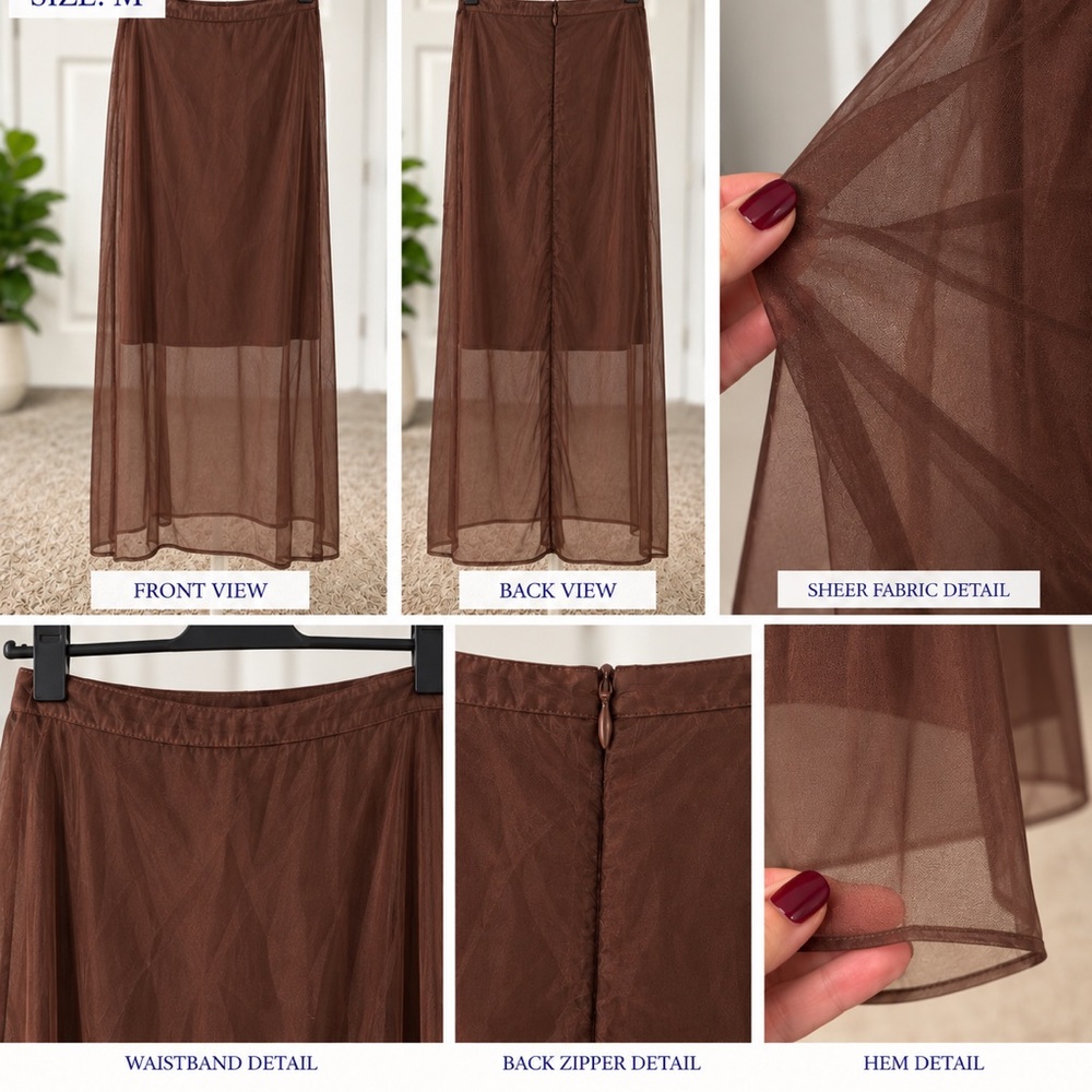 Brown Sheer Maxi Skirt with Layered Mesh Panels